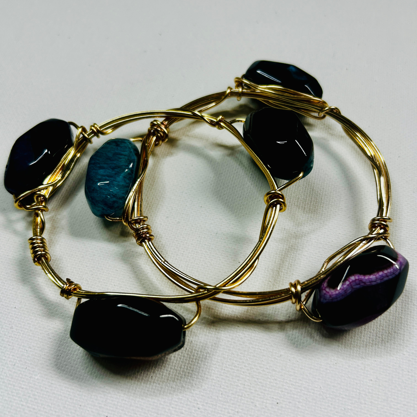 Bold Aura Wire-Wrapped Gemstone Bangle Set – Gold Stackable Bracelets