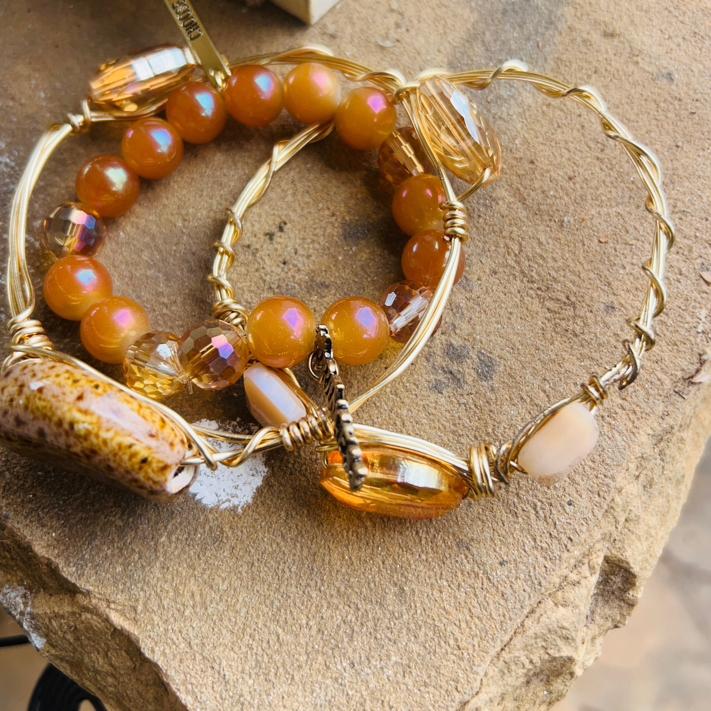 Golden Ember Bracelet Set – Handmade Wire-Wrapped & Beaded Stack