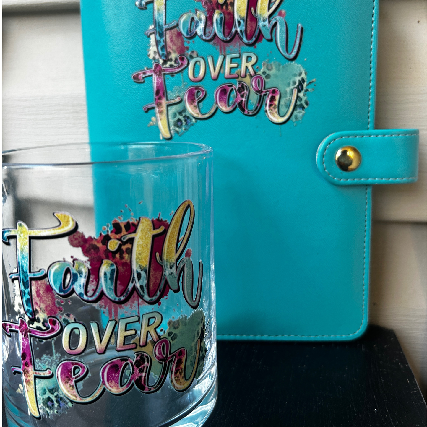 Faith Over Fear – Teal Faux Leather Planner & Matching Glass Mug Set
