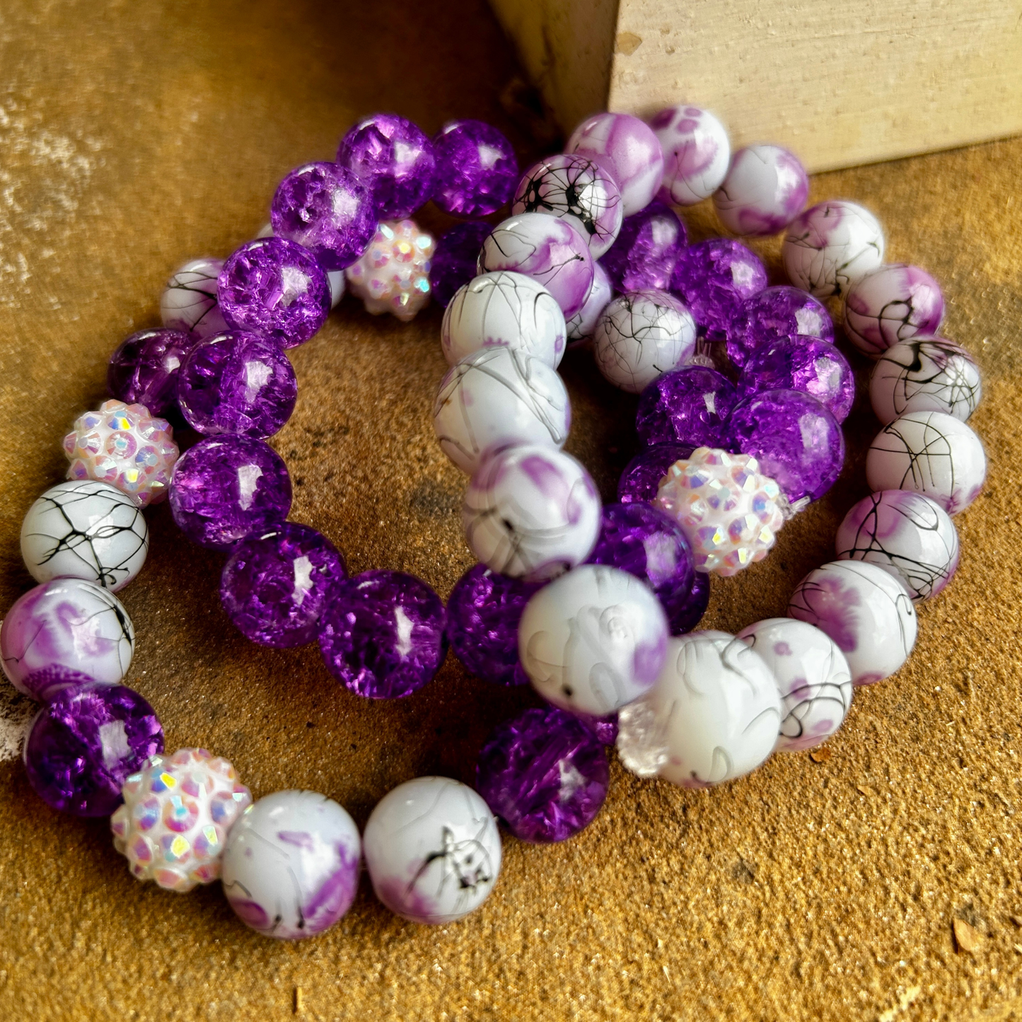 Royal Radiance Beaded Bracelet Set – Purple Crackle & Marble Swirl