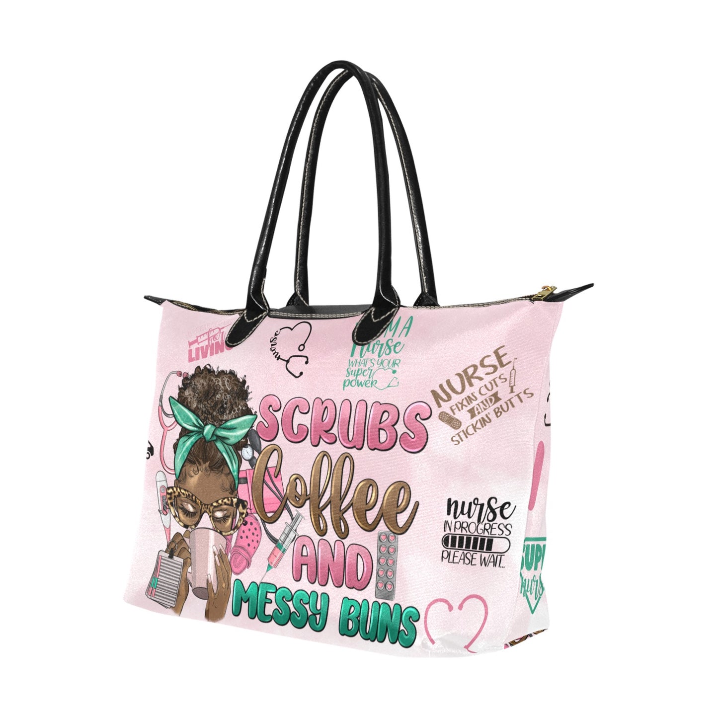 Nurse-Themed Bag: Scrubs, Coffee, and Messy Buns Design