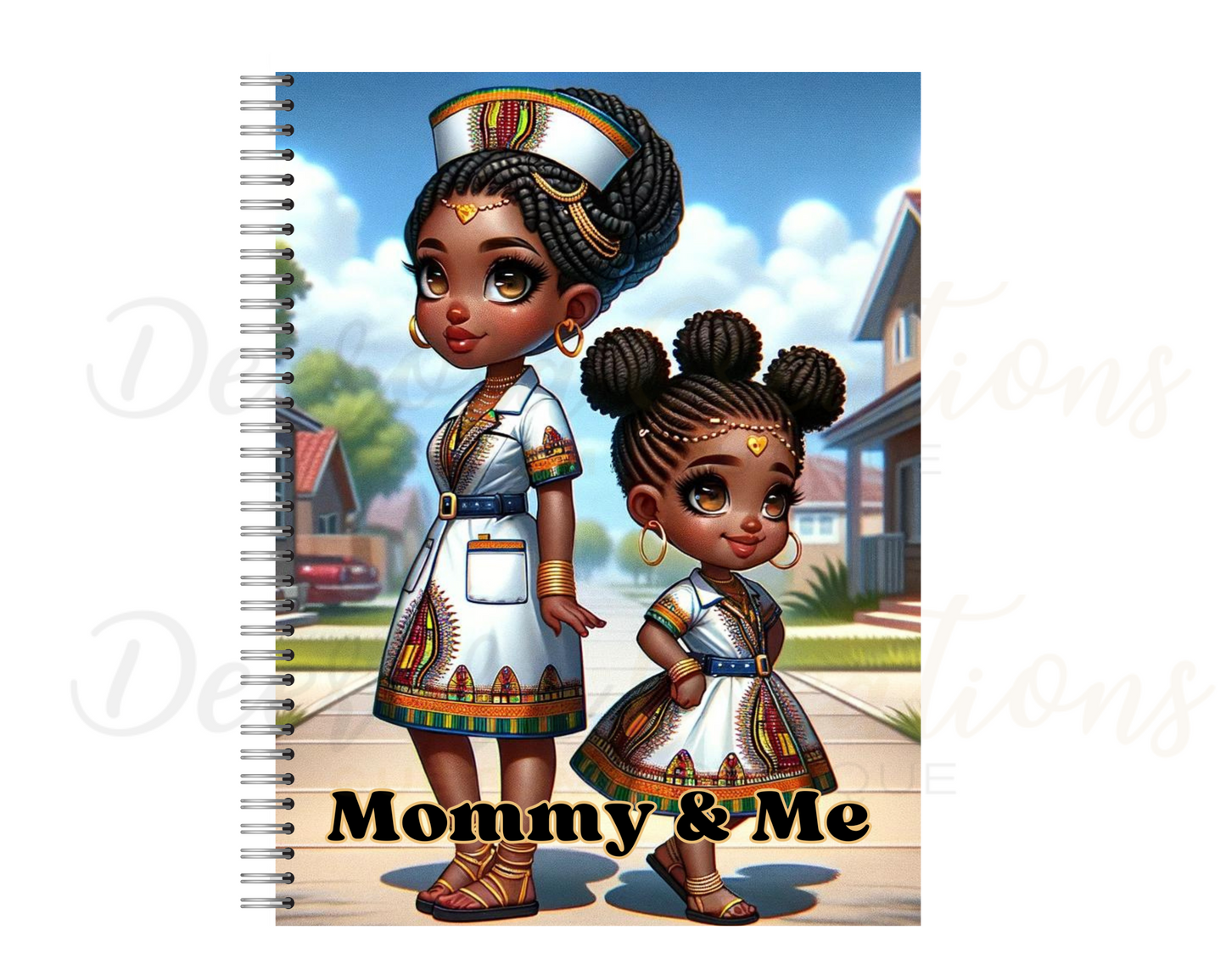 A chibi-style illustration of an African American mother and her 6-year-old daughter in matching traditional African Ankara dresses, with the mother wearing a nurse outfit and the daughter in a dress with Ankara patterns. Both have gold jewelry and stand back to back in a playful pose against a white background, showcasing airbrush and digital art techniques.