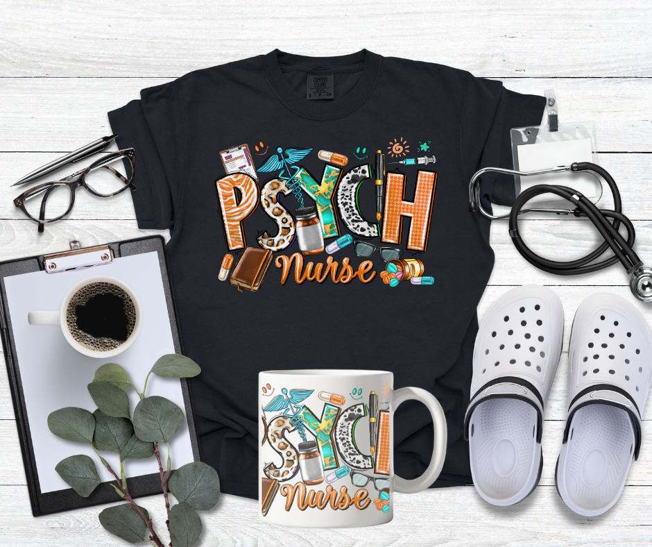 Psych Nurse T-shirt and mug gift set with colorful medical-themed design, displayed with stethoscope, Crocs, clipboard, coffee, and nurse accessories on a white wood background.