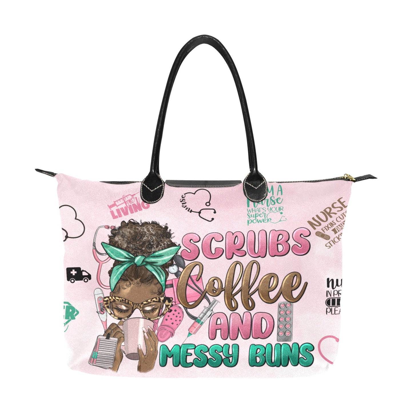 Nurse-Themed Bag: Scrubs, Coffee, and Messy Buns Design