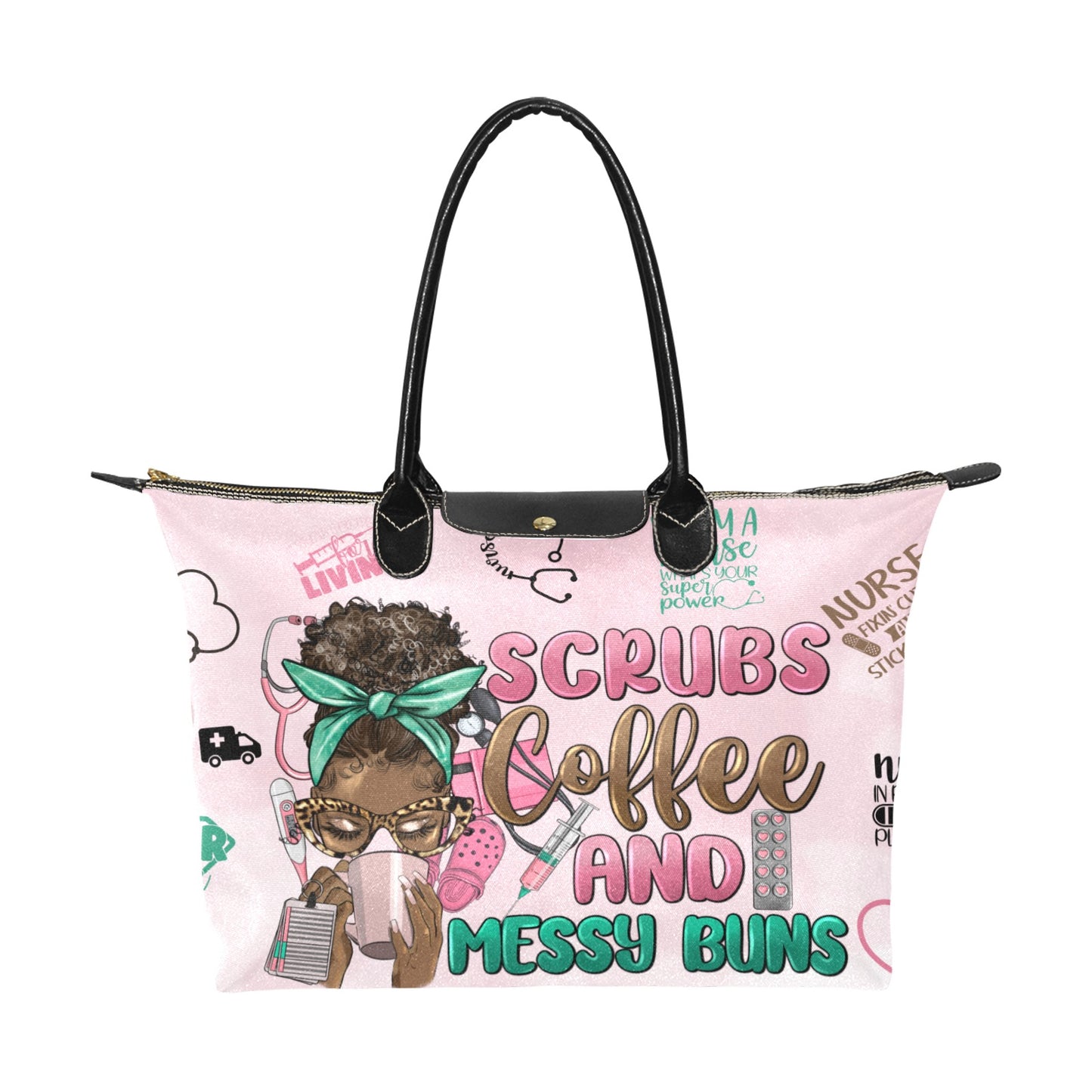 Nurse-Themed Bag: Scrubs, Coffee, and Messy Buns Design