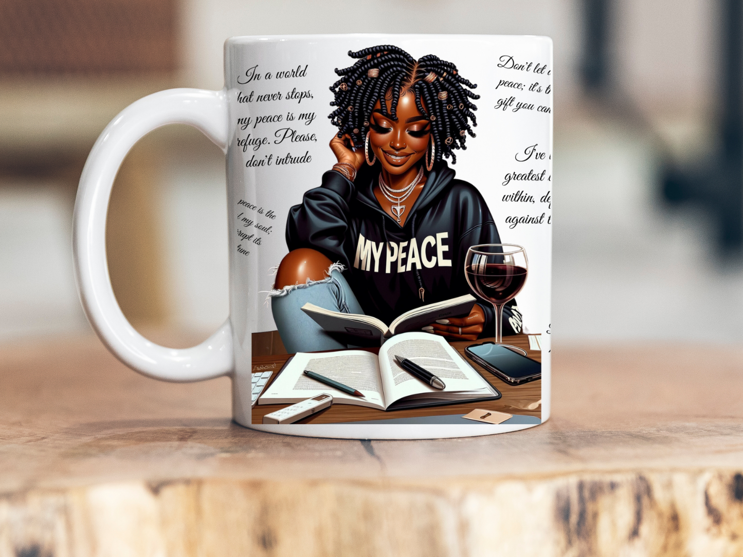 My Peace Affirmation Mug – Empowered Woman & Journaling Art
