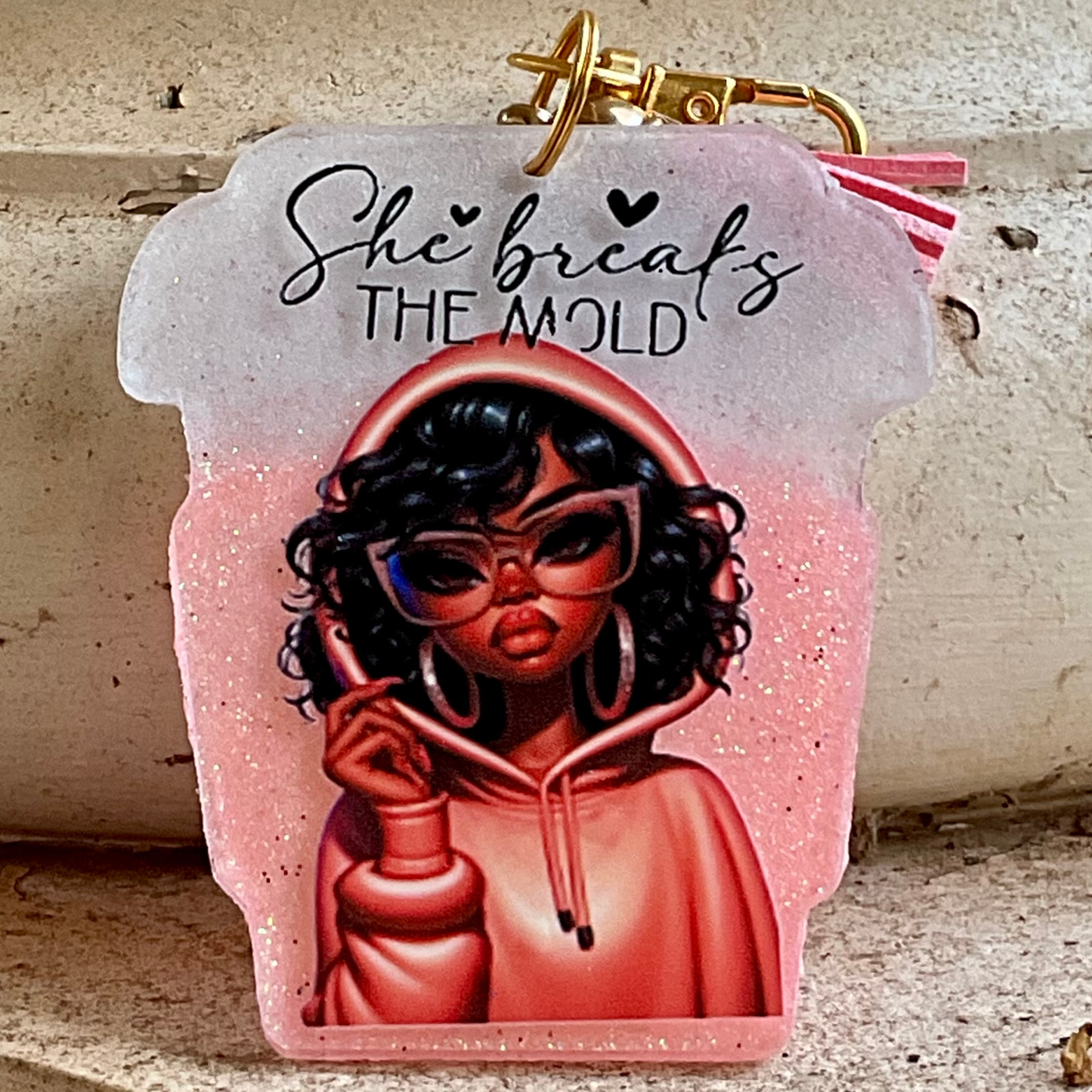 She Breaks the Mold – Resin Glitter Keychain