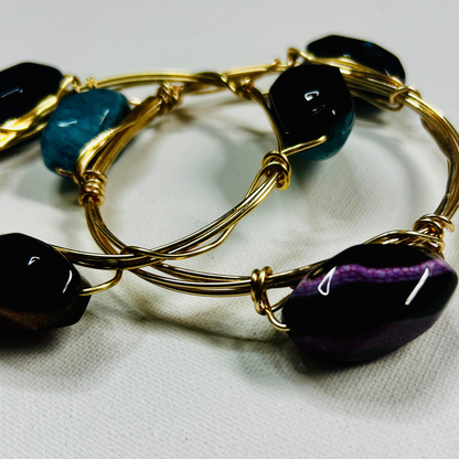 Bold Aura Wire-Wrapped Gemstone Bangle Set – Gold Stackable Bracelets