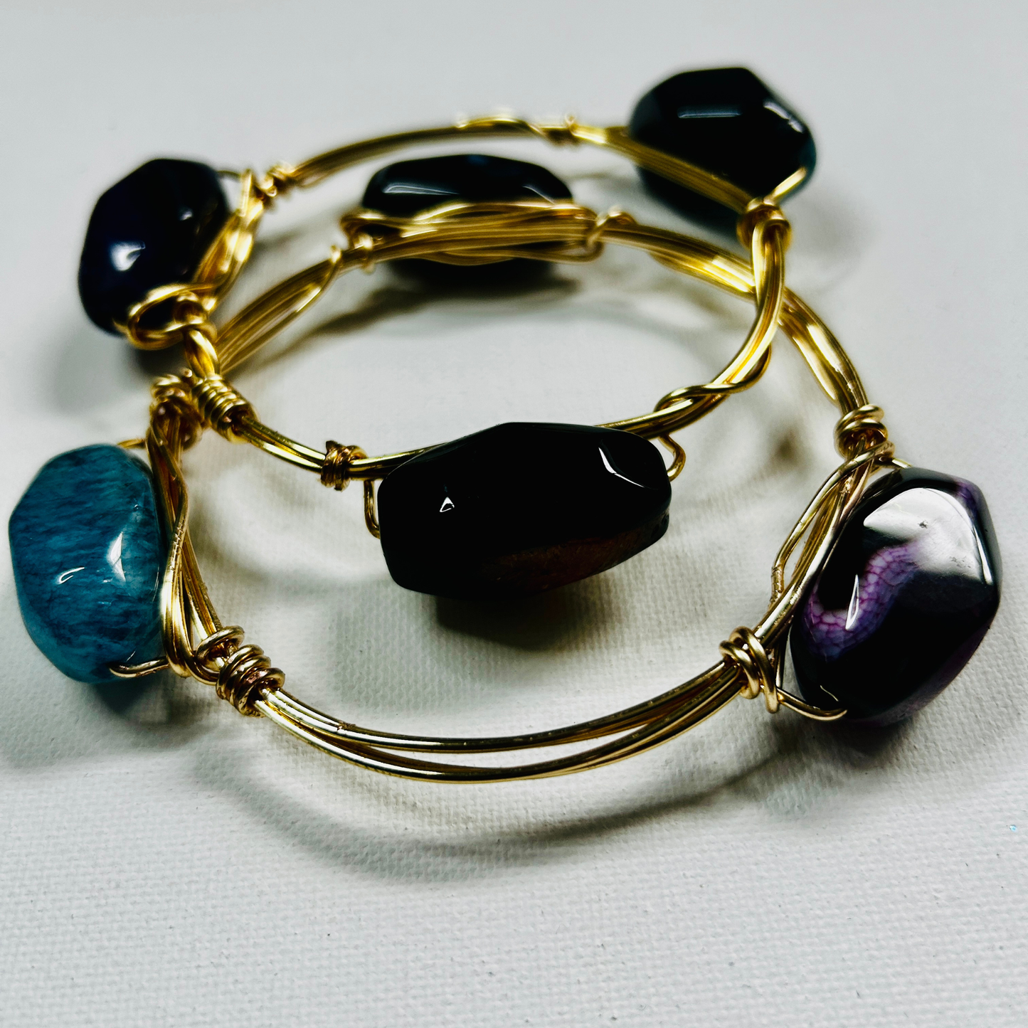 Bold Aura Wire-Wrapped Gemstone Bangle Set – Gold Stackable Bracelets