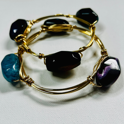 Bold Aura Wire-Wrapped Gemstone Bangle Set – Gold Stackable Bracelets