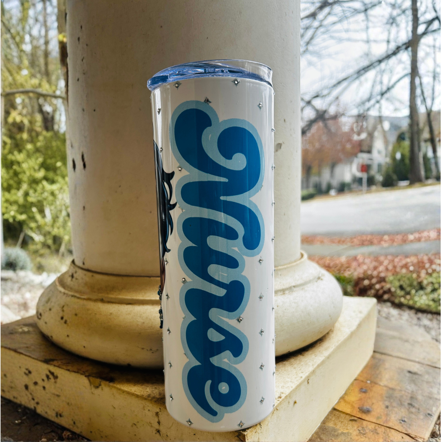 “20oz tumbler with chibi Black nurse and ‘Nurse’ text in blue rhinestones.”