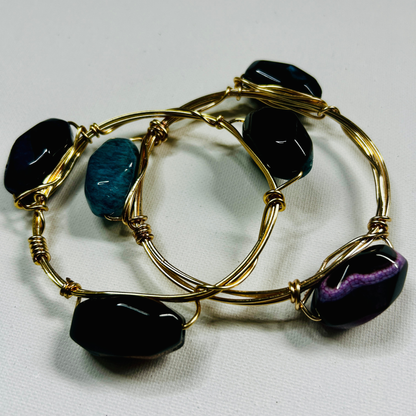 Bold Aura Wire-Wrapped Gemstone Bangle Set – Gold Stackable Bracelets