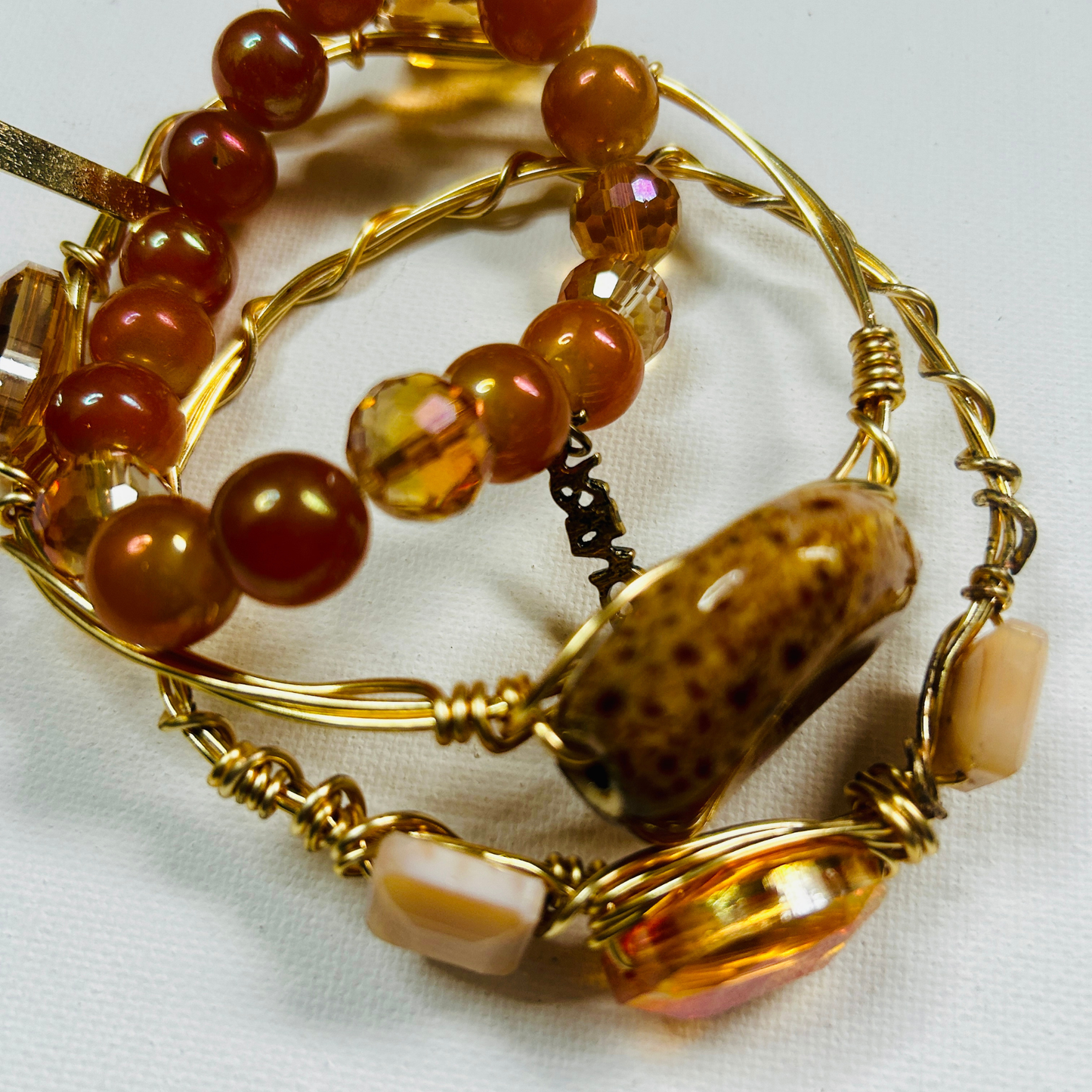 Golden Ember Bracelet Set – Handmade Wire-Wrapped & Beaded Stack