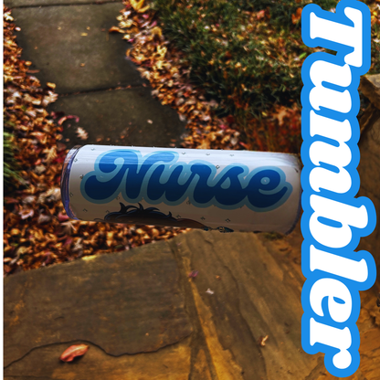 “20oz tumbler with chibi Black nurse and ‘Nurse’ text in blue rhinestones.”