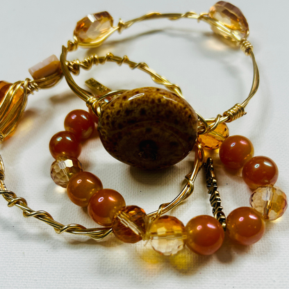 Golden Ember Bracelet Set – Handmade Wire-Wrapped & Beaded Stack