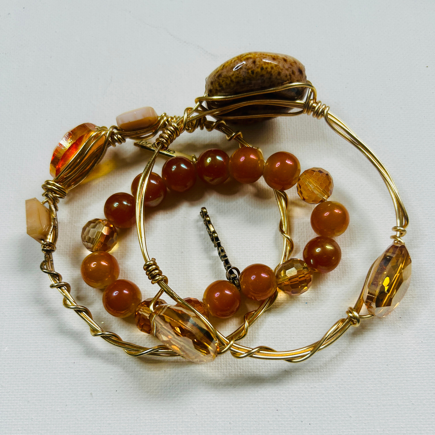 Golden Ember Bracelet Set – Handmade Wire-Wrapped & Beaded Stack