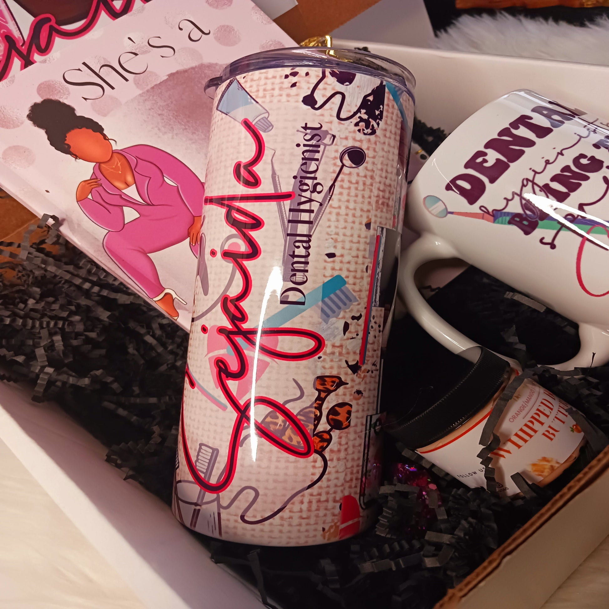 “Dental Diva gift box with journal, tumbler, mug, candle, and personalized name card – perfect gift for women in dentistry”