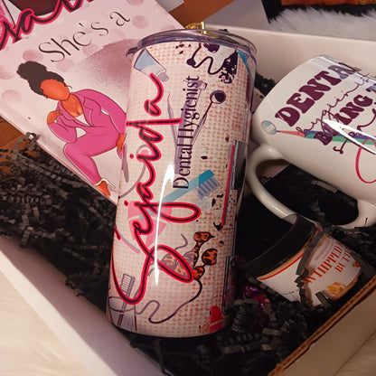 “Dental Diva gift box with journal, tumbler, mug, candle, and personalized name card – perfect gift for women in dentistry”