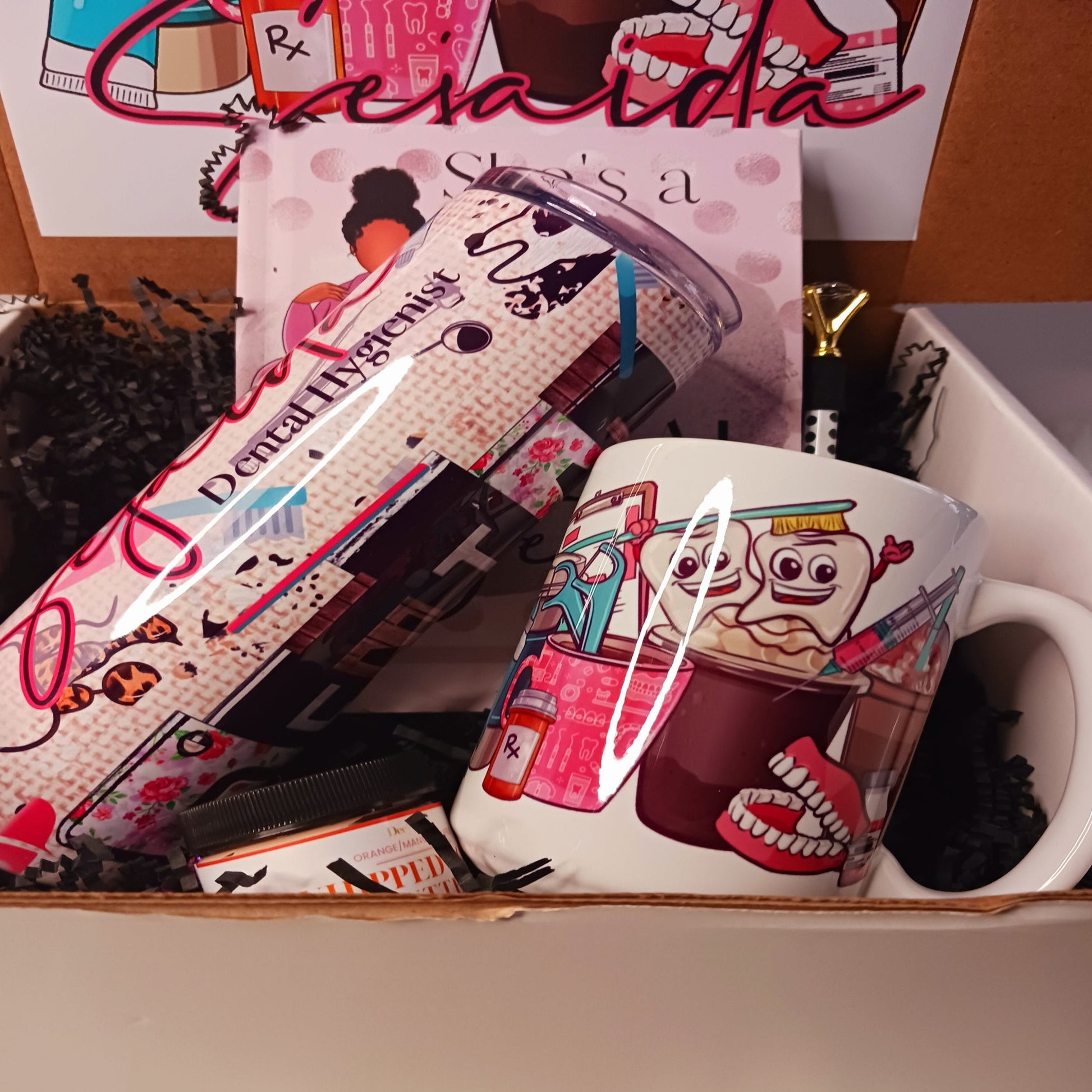 “Dental Diva gift box with journal, tumbler, mug, candle, and personalized name card – perfect gift for women in dentistry”