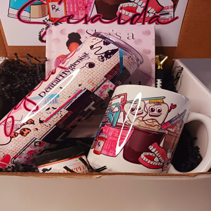 “Dental Diva gift box with journal, tumbler, mug, candle, and personalized name card – perfect gift for women in dentistry”