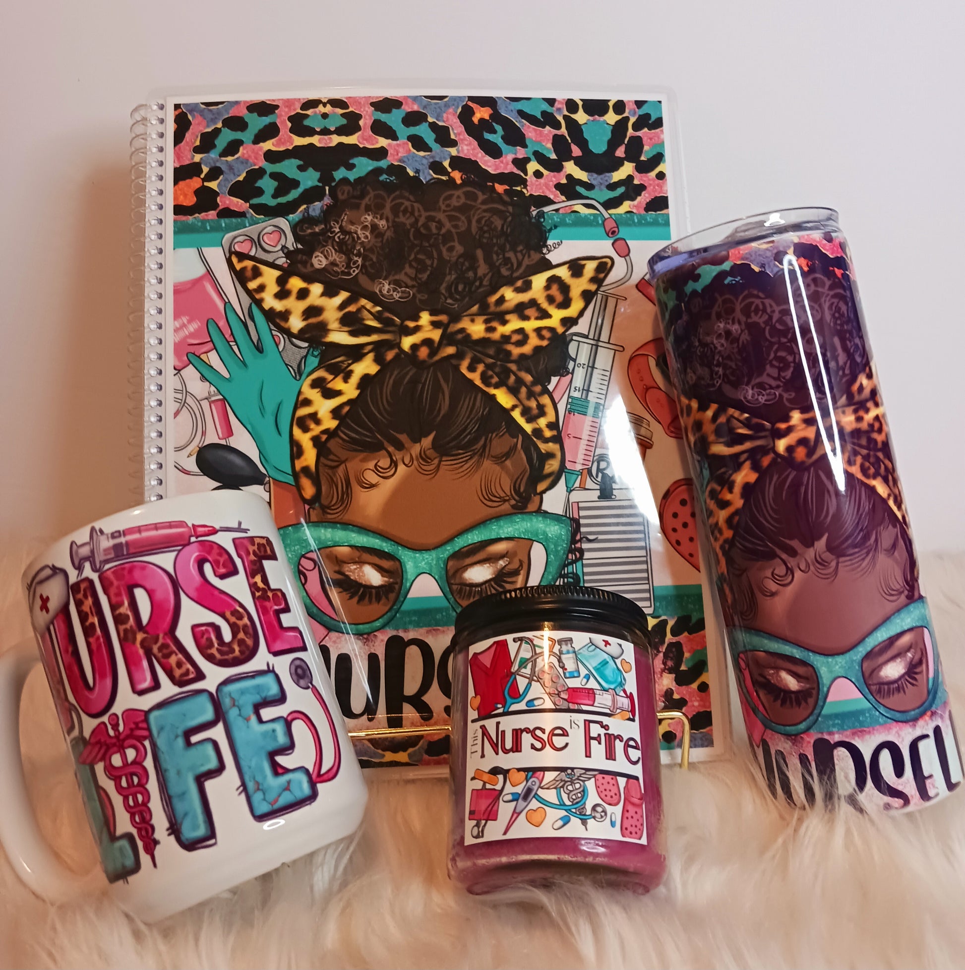 “Nurse Life gift bundle with Afro nurse journal, tumbler, mug, and candle – vibrant medical-themed design for Black nurses”
