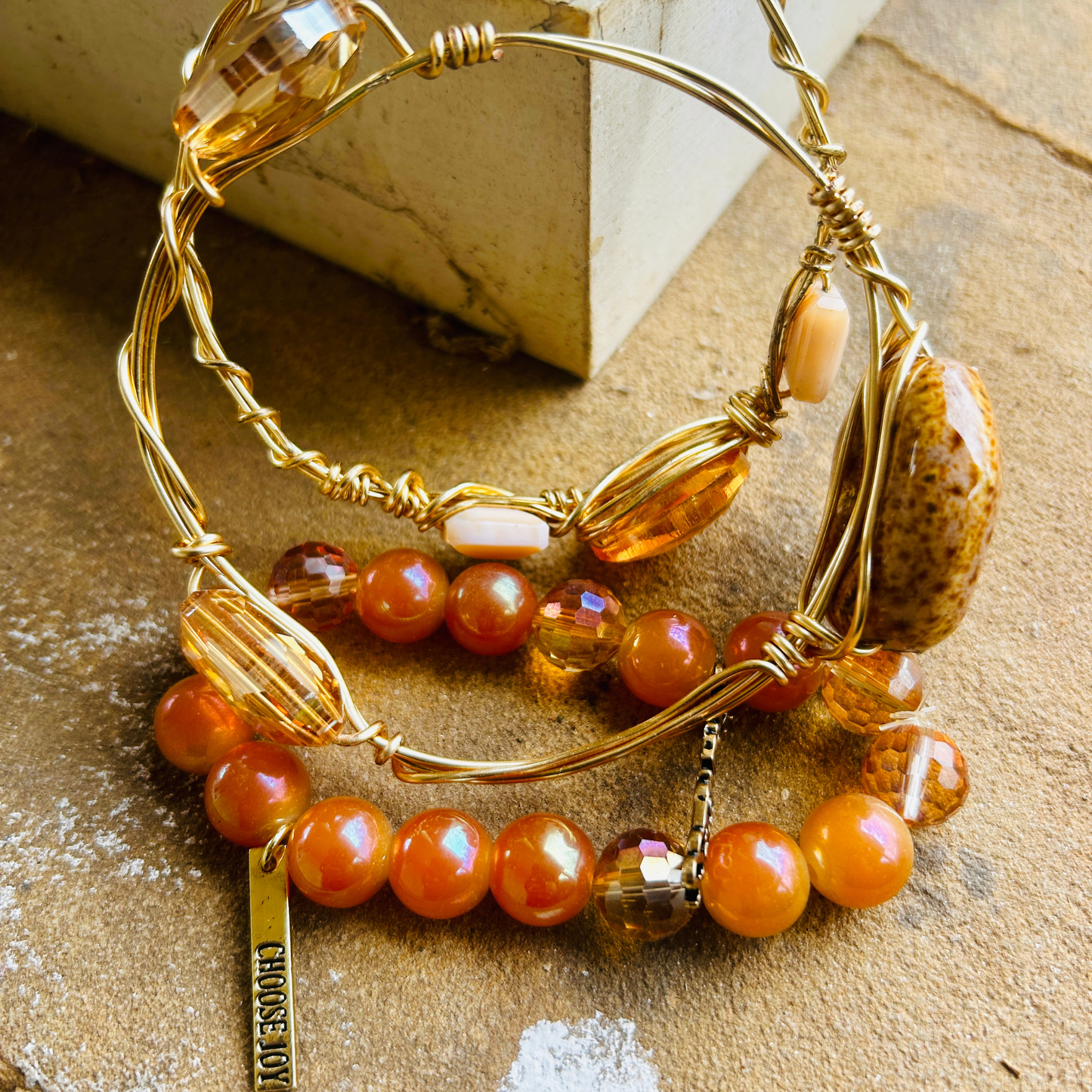 Golden Ember Bracelet Set – Handmade Wire-Wrapped & Beaded Stack