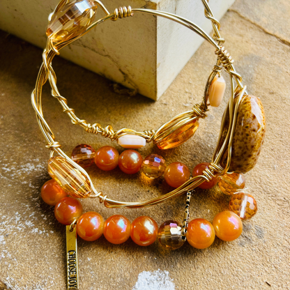 Golden Ember Bracelet Set – Handmade Wire-Wrapped & Beaded Stack