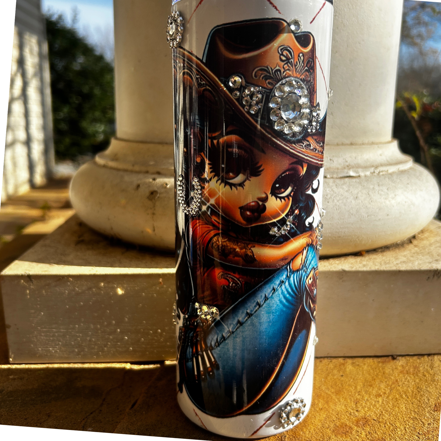 Western-inspired rhinestone tumbler with glamorous cowgirl illustration and bling details – 20oz stainless steel glam drinkware