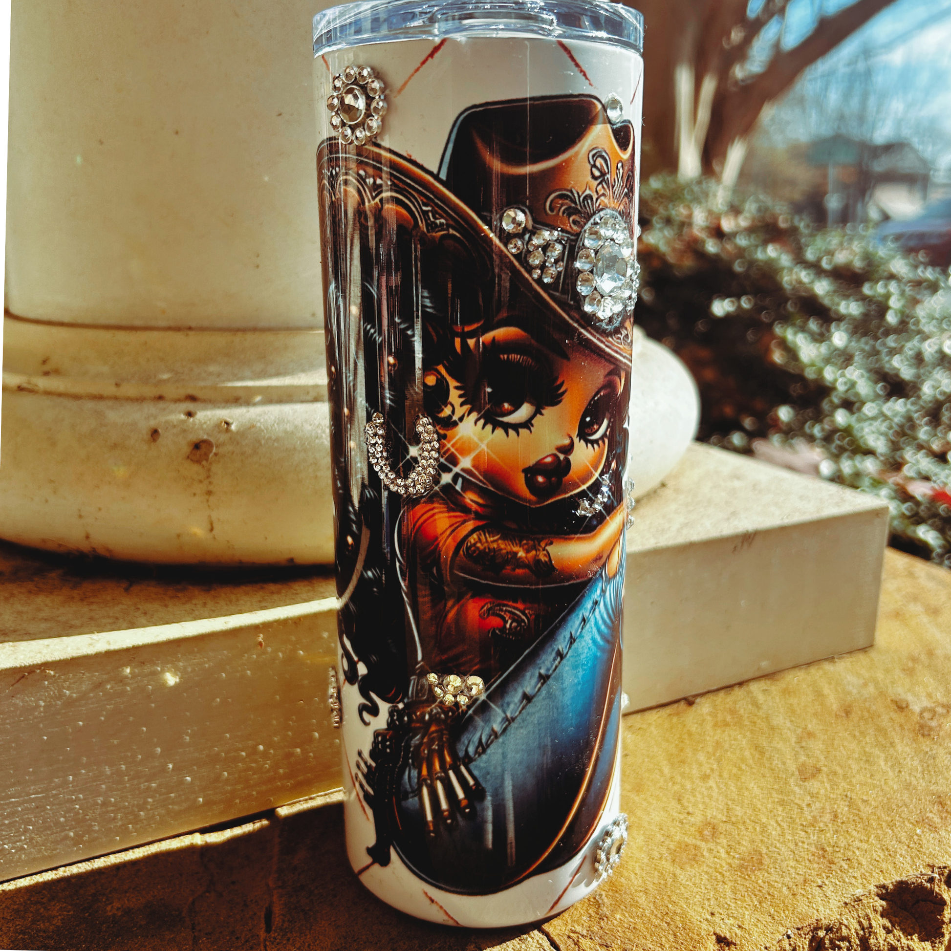 “Western-inspired rhinestone tumbler with glamorous cowgirl illustration and bling details – 20oz stainless steel glam drinkware”
