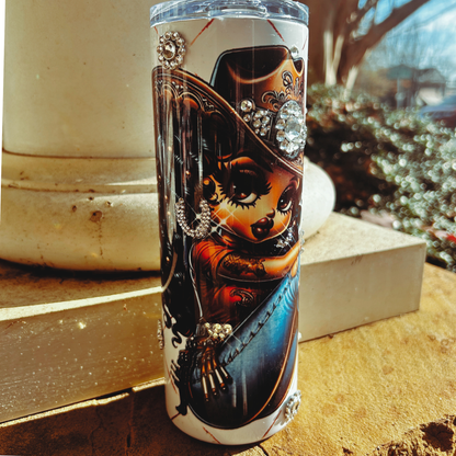 “Western-inspired rhinestone tumbler with glamorous cowgirl illustration and bling details – 20oz stainless steel glam drinkware”