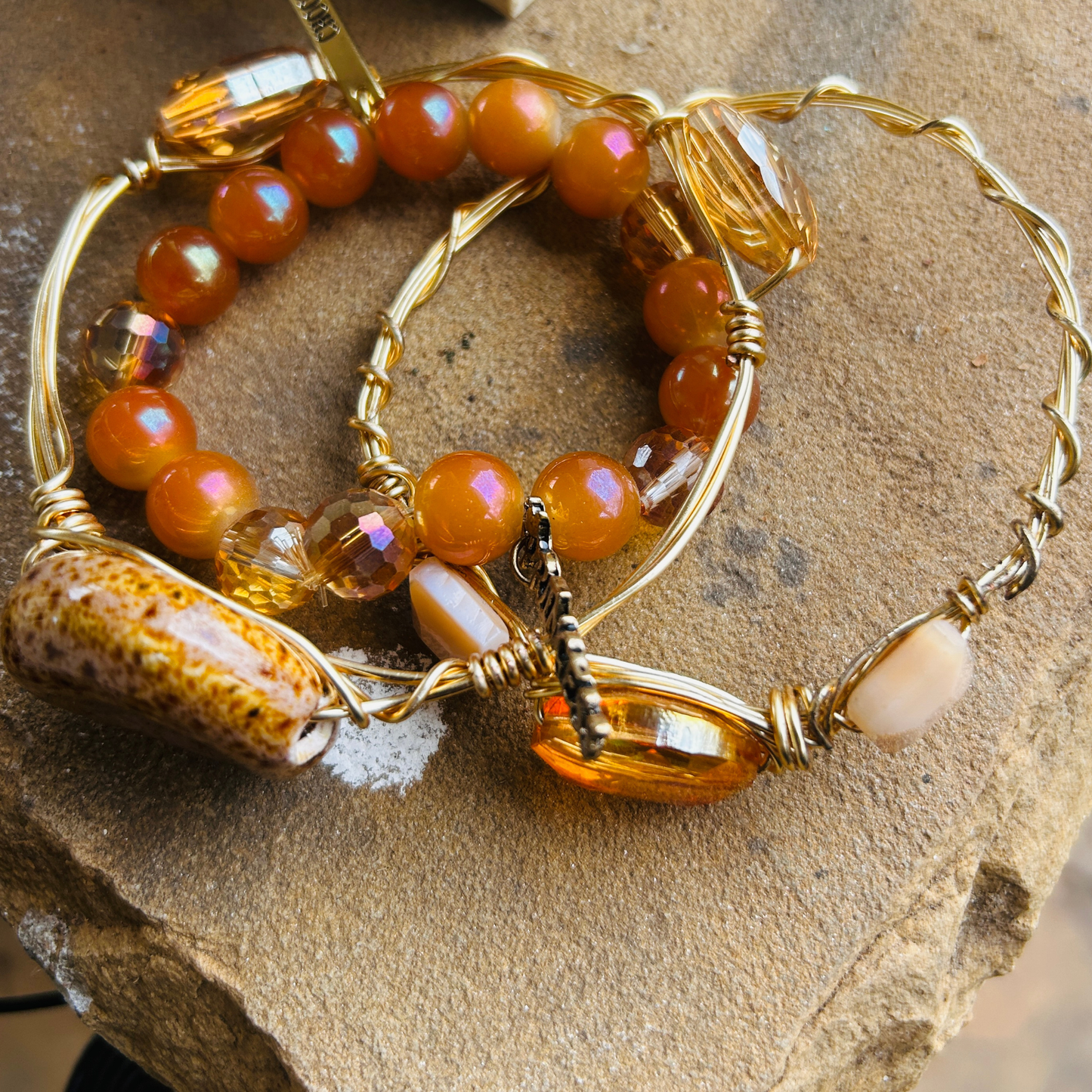 Golden Ember Bracelet Set – Handmade Wire-Wrapped & Beaded Stack