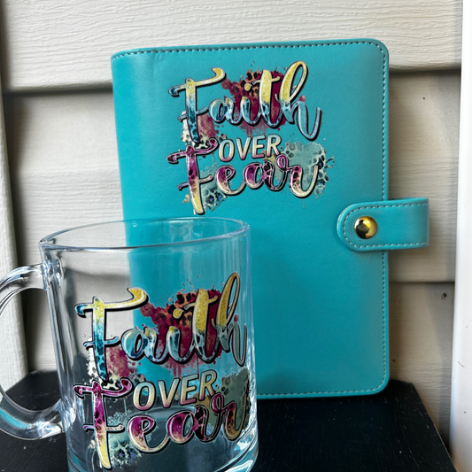 Faith Over Fear – Teal Faux Leather Planner & Matching Glass Mug Set