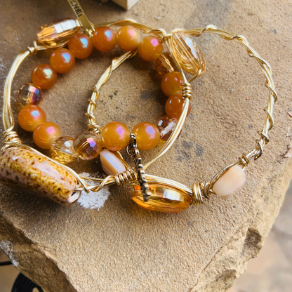 Golden Ember Bracelet Set – Handmade Wire-Wrapped & Beaded Stack