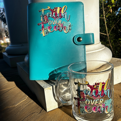 Faith Over Fear – Teal Faux Leather Planner & Matching Glass Mug Set