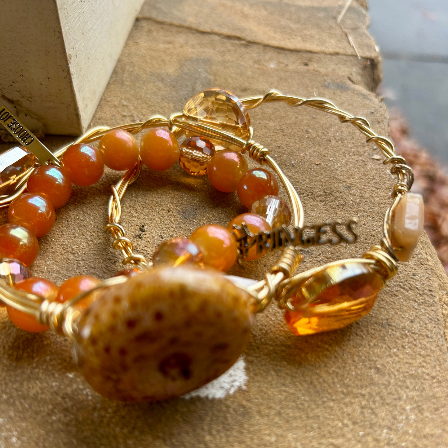 Golden Ember Bracelet Set – Handmade Wire-Wrapped & Beaded Stack
