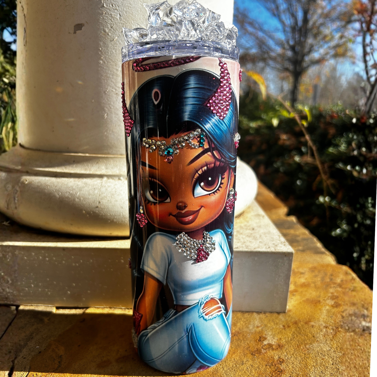 “Sassy illustrated tumbler with red rhinestone devil horns, big-eyed cartoon girl, and crystal jewelry – 20oz stainless steel bling cup”