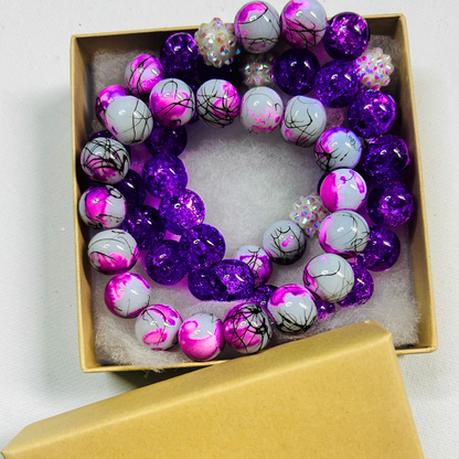 Royal Radiance Beaded Bracelet Set – Purple Crackle & Marble Swirl