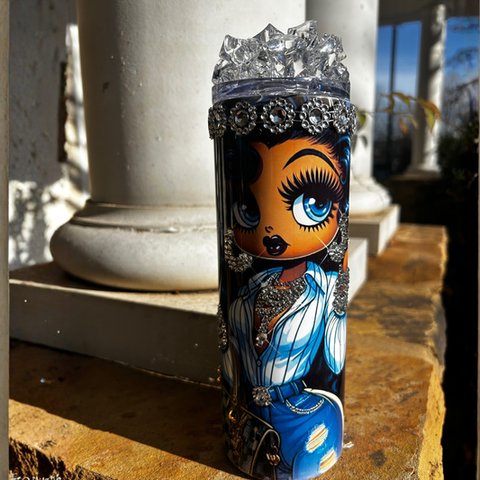 “Bling tumbler with glam cartoon girl, rhinestone earrings, necklace, bracelet, and crystal crown lid – 20oz iced-out stainless steel drinkware”