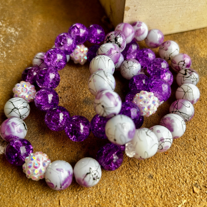 Royal Radiance Beaded Bracelet Set – Purple Crackle & Marble Swirl