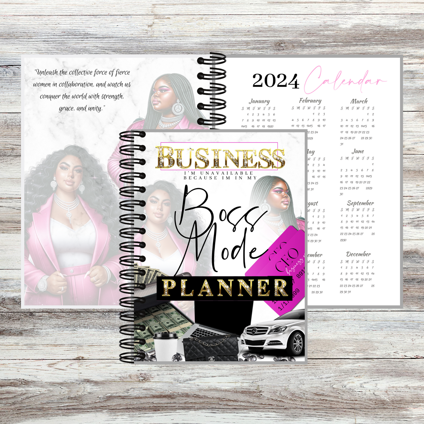 Cover page of a 'Boss Mode Planner' featuring a stylized graphic of a confident woman, with luxury items such as cars, money, and designer bags, aimed at promoting business success and empowerment.