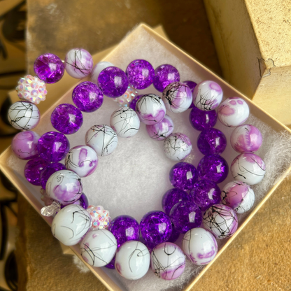 Royal Radiance Beaded Bracelet Set – Purple Crackle & Marble Swirl