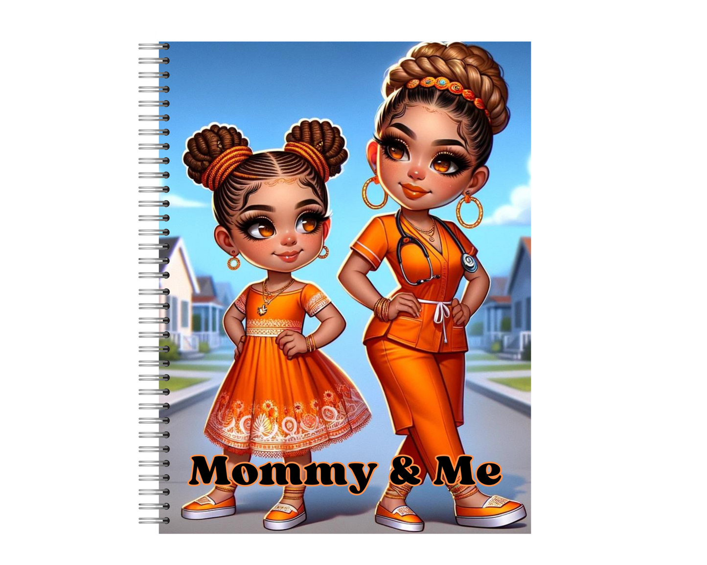  A chibi-style illustration of a Latina mother and her daughter dressed in bright orange, standing back to back in a playful pose against a suburban backdrop. The mother's nurse outfit and the daughter's dress feature vivid orange tones, enhancing the warmth of the scene.