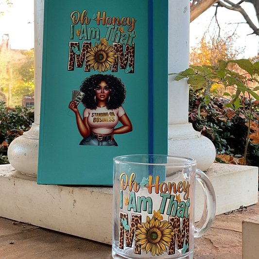 “Empowering mom gift set with journal and glass mug – ‘Oh Honey, I Am That Mom’ with sunflower and leopard print design”