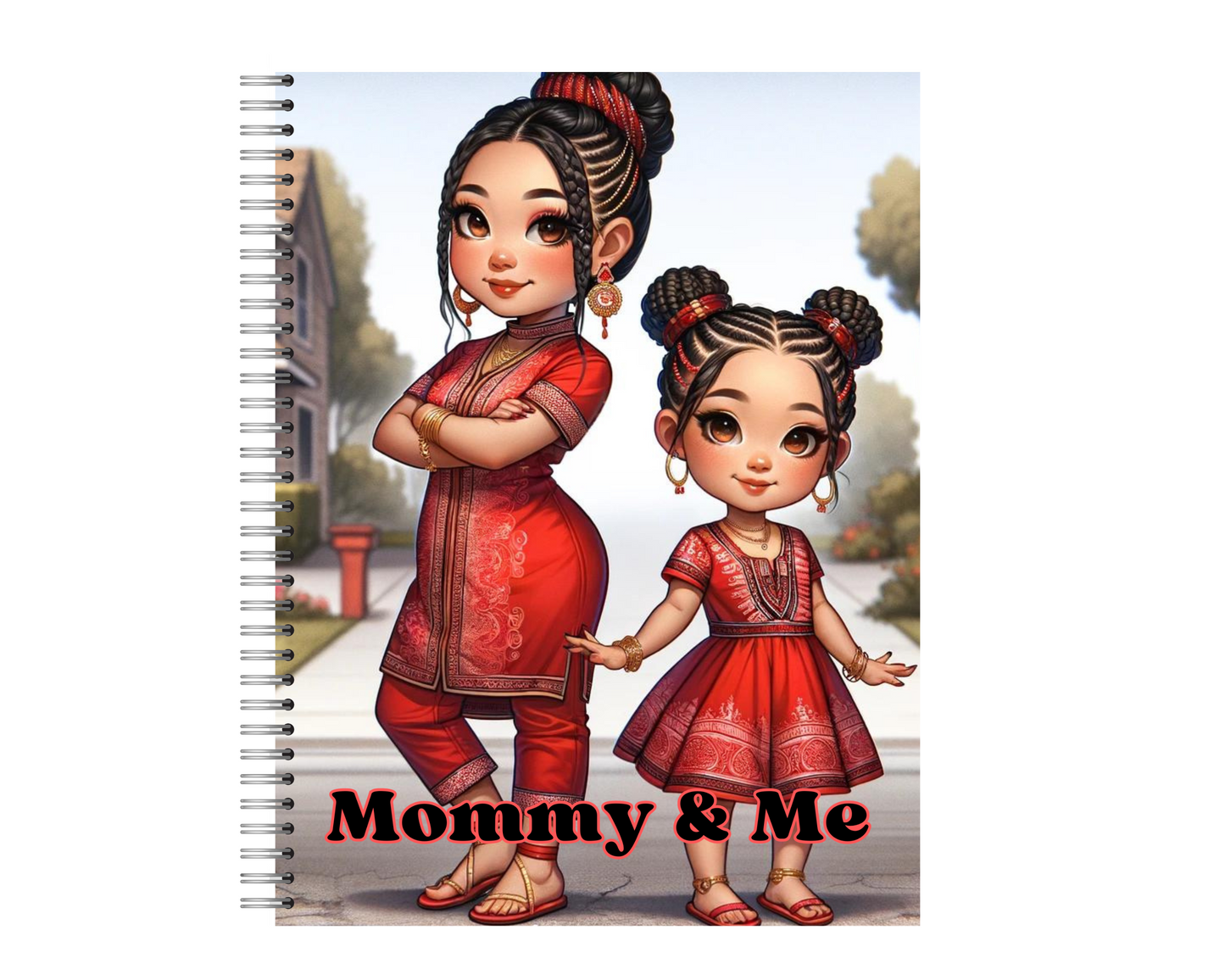 A chibi-style illustration of an Asian American mother and her daughter, both with black, straight hair, dressed in matching vibrant red. The mother wears a nurse outfit with traditional design elements, and the daughter in a matching dress. They stand back to back in playful poses, adorned in gold jewelry, against a pure white background. The art combines airbrush and digital techniques for a unique depiction.