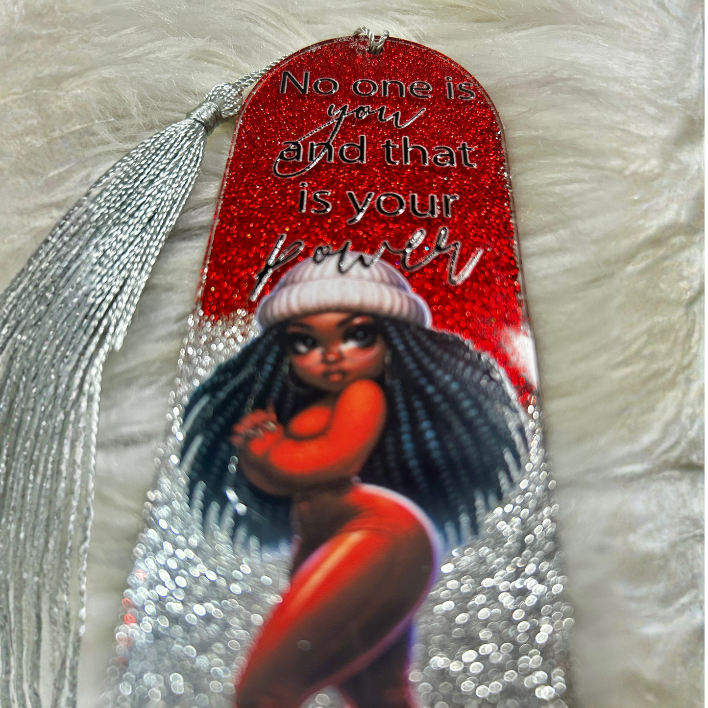 "No One Is You" Glitter Resin Bookmark – Red & Silver Empowerment Tassel Bookmark