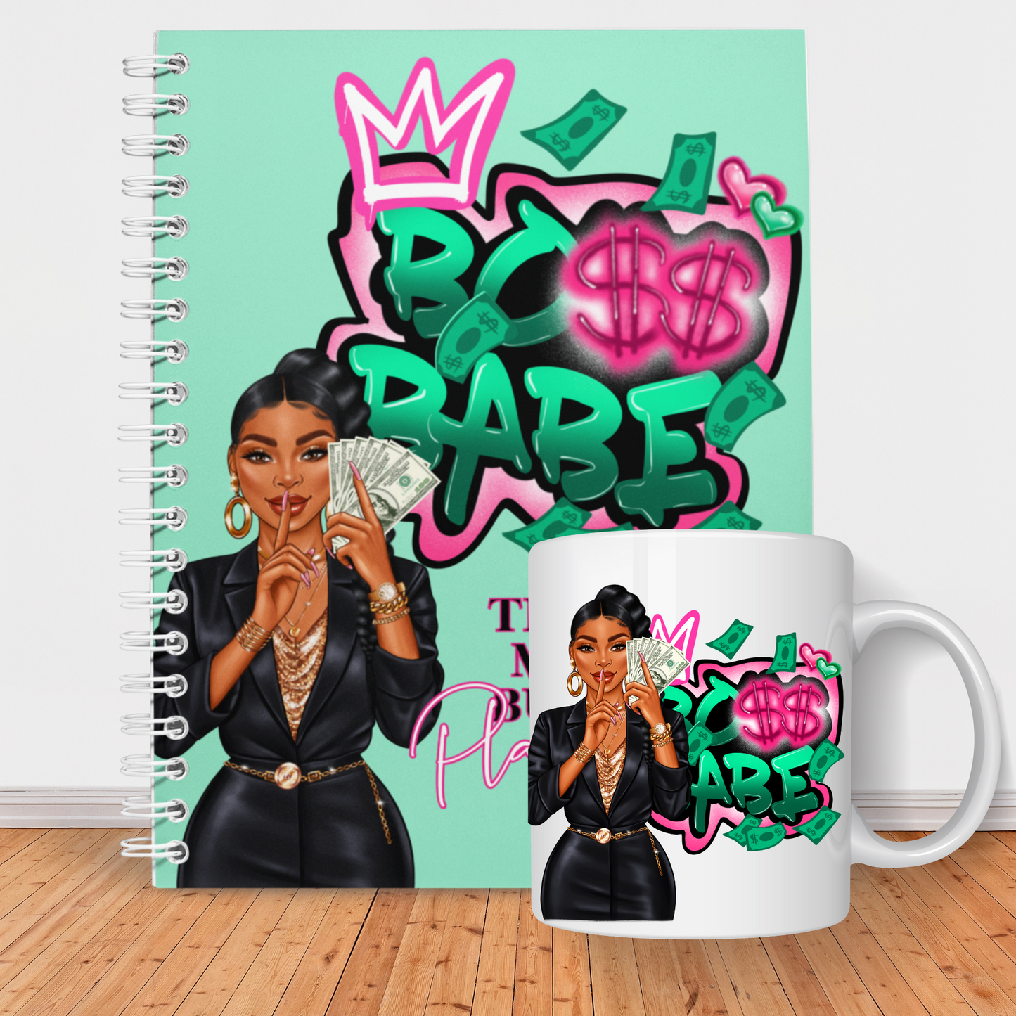 African American boss babe illustration with money graphics on the Boss Babe Financial Planner budget book cover
