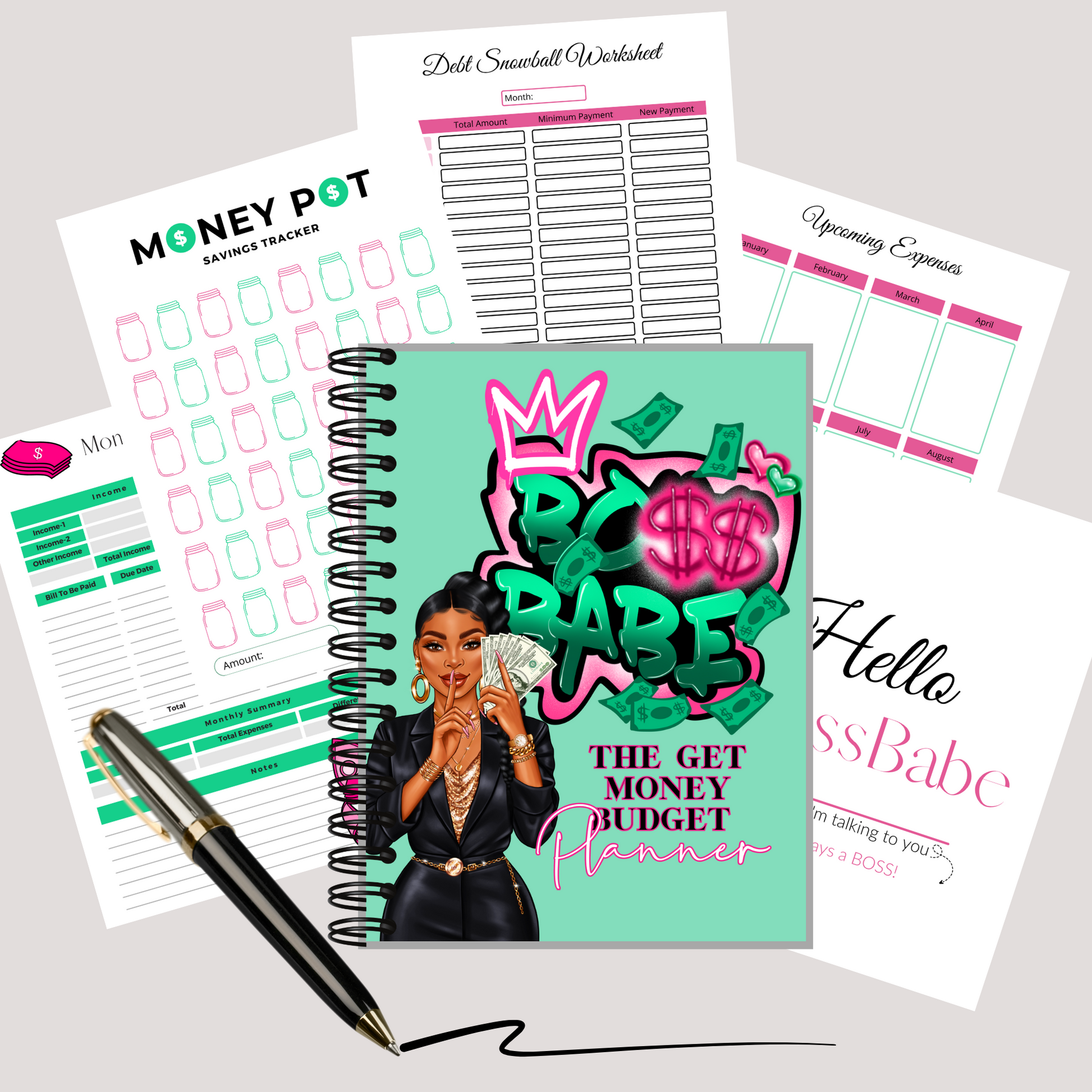 Boss Babe Financial Planner cover featuring a confident Black woman holding cash with mint green background
