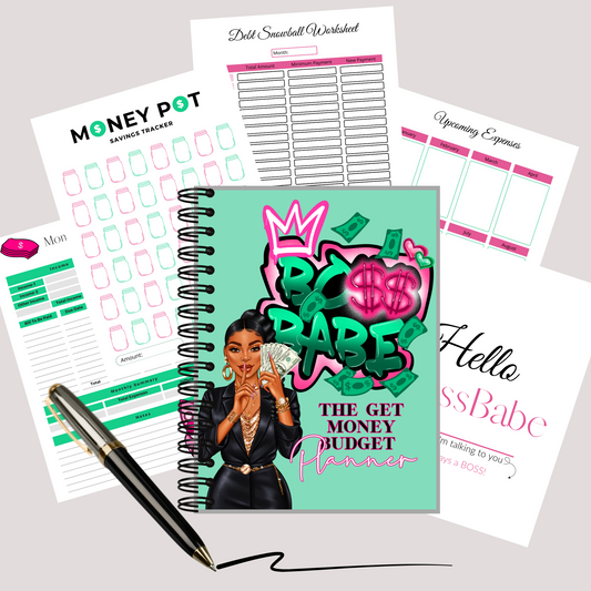 Boss Babe Financial Planner cover featuring a confident Black woman holding cash with mint green background
