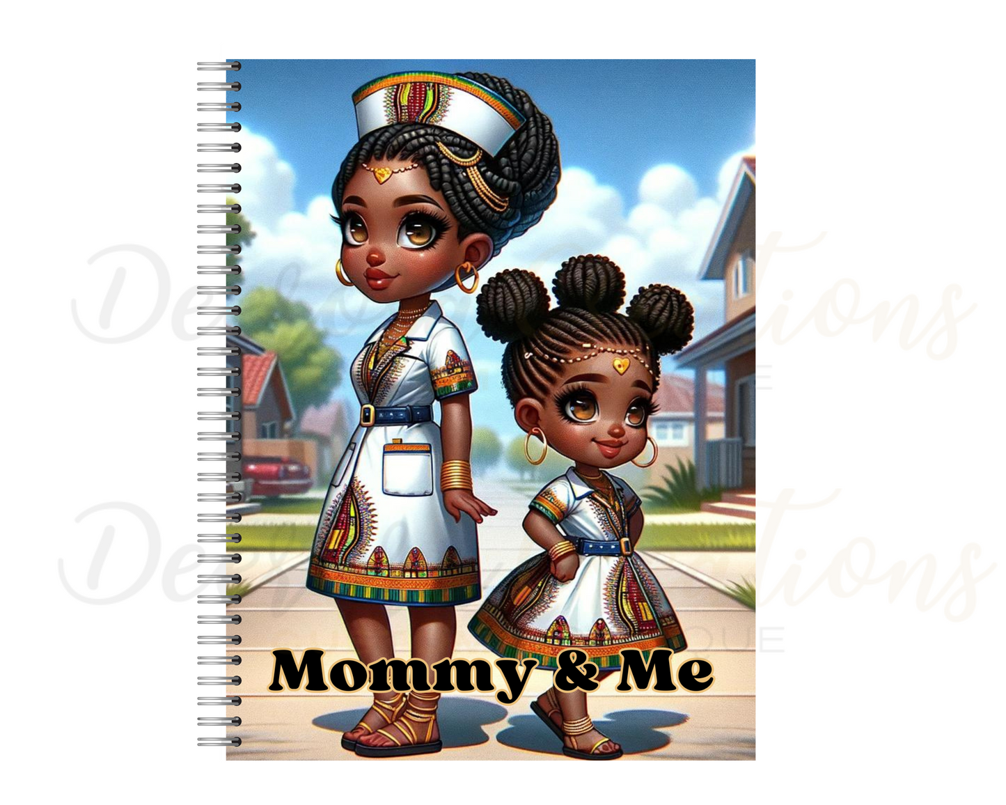  A chibi-style illustration of an African American mother and her 6-year-old daughter in matching traditional African Ankara dresses, with the mother wearing a nurse outfit and the daughter in a dress with Ankara patterns. Both have gold jewelry and stand back to back in a playful pose against a white background, showcasing airbrush and digital art techniques.