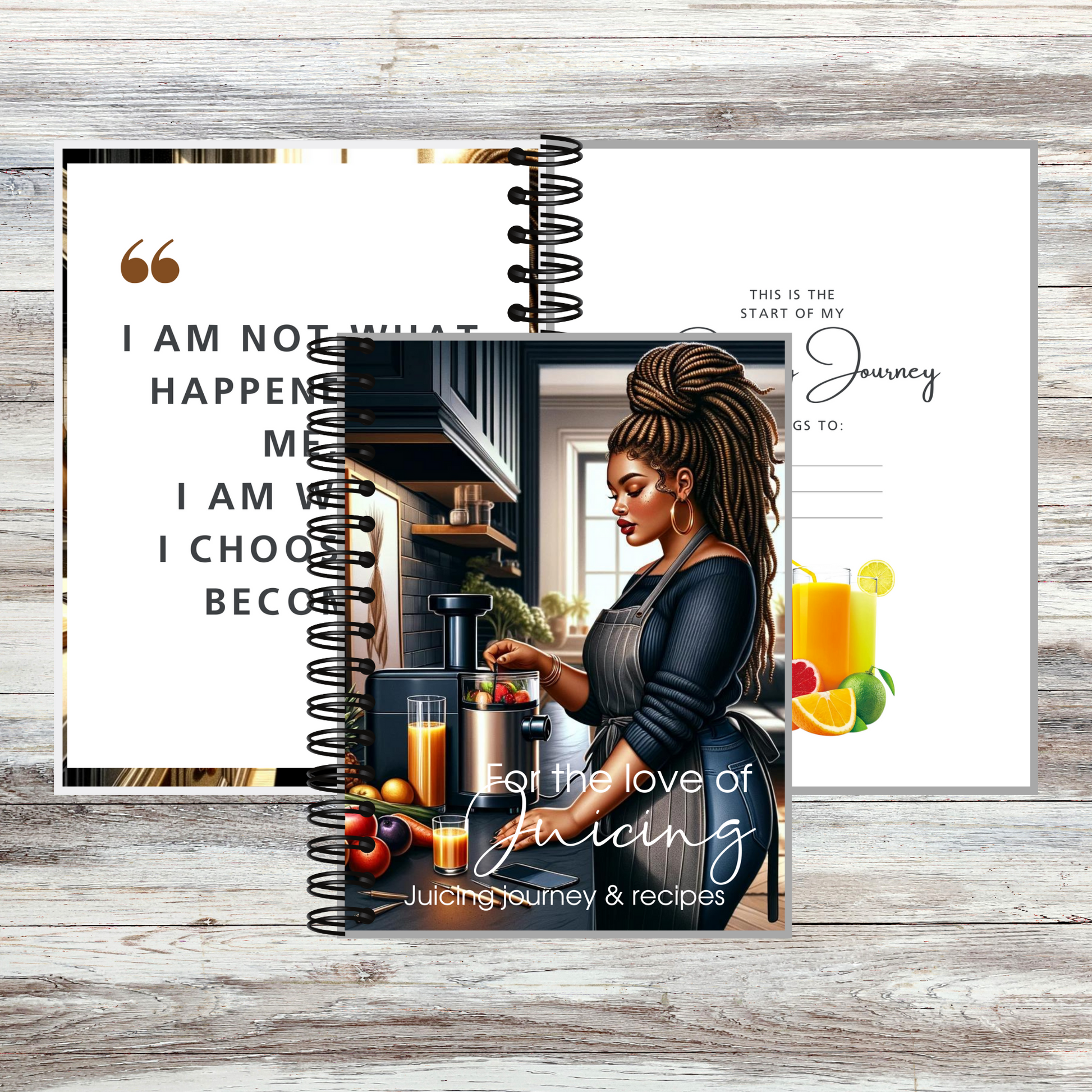  An African American woman with braided hair juicing fruits in the kitchen, featured in a creative journaling and recipe template with pages for personal notes and a recipe for a Pineapple Refresher.